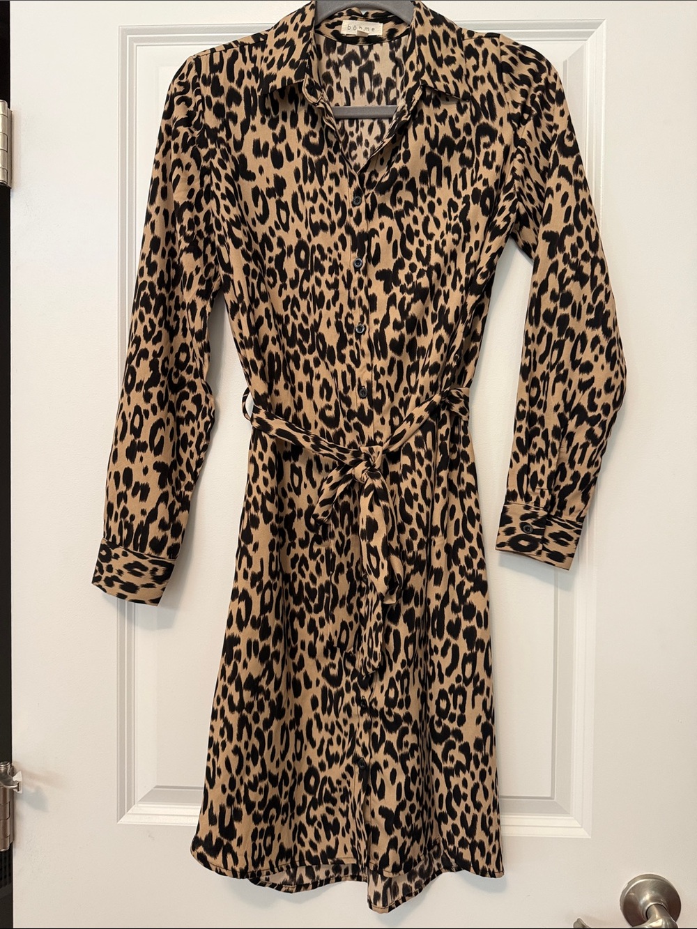 bohme Leopard-Print Long Sleeve Shirt Dress in Tan & Black